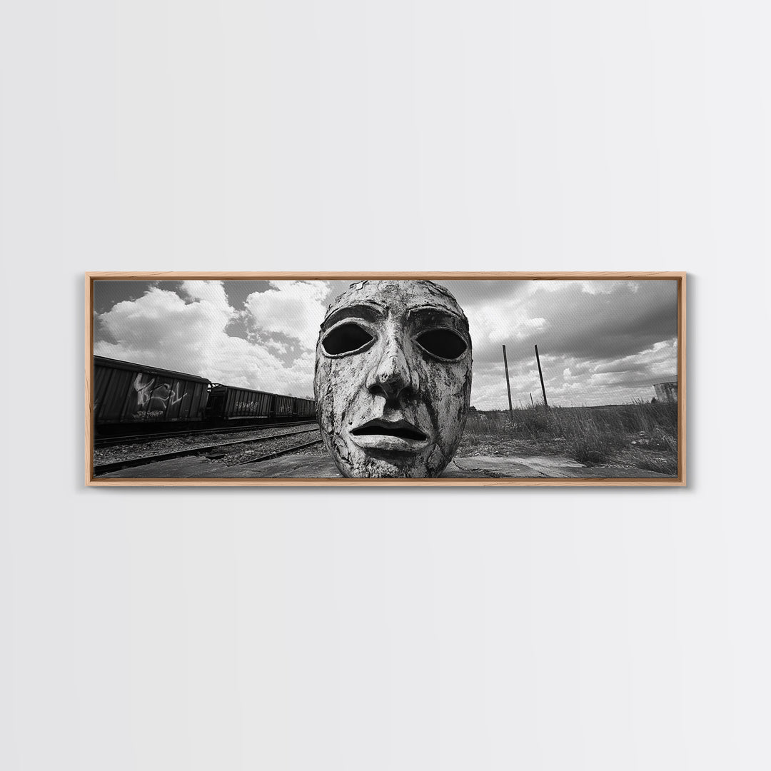 Abandoned Train Mask, Urban Surrealism, Monochrome Street Art, Modern Edgy Decor, Framed Canvas Print, Industrial Room Style