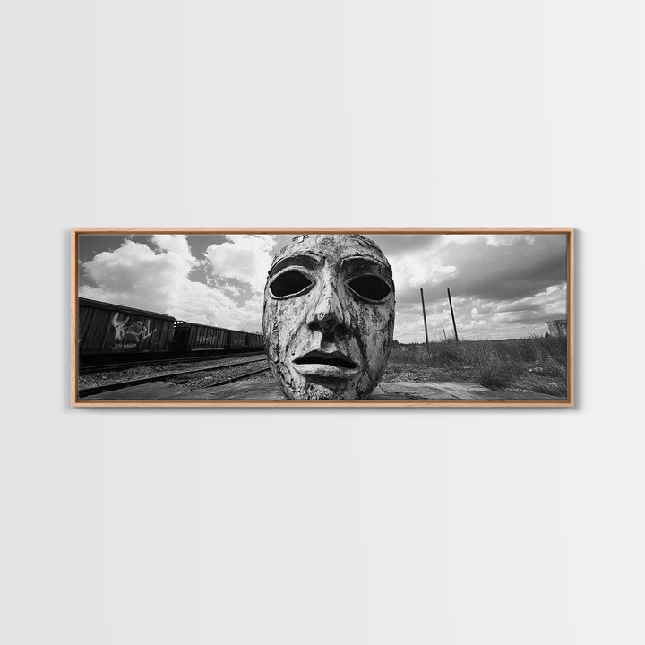 Abandoned Train Mask, Urban Surrealism, Monochrome Street Art, Modern Edgy Decor, Framed Canvas Print, Industrial Room Style