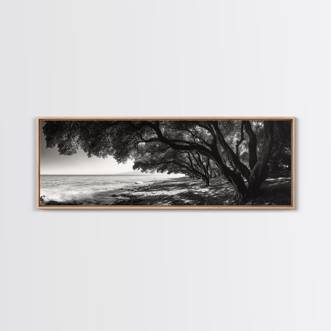 Ocean Trees, Shoreline Light, Majestic Forest, Beach Scene, Framed Canvas Print, Boho Wall Decor, Bedroom Art, Zen Coastal Artwork