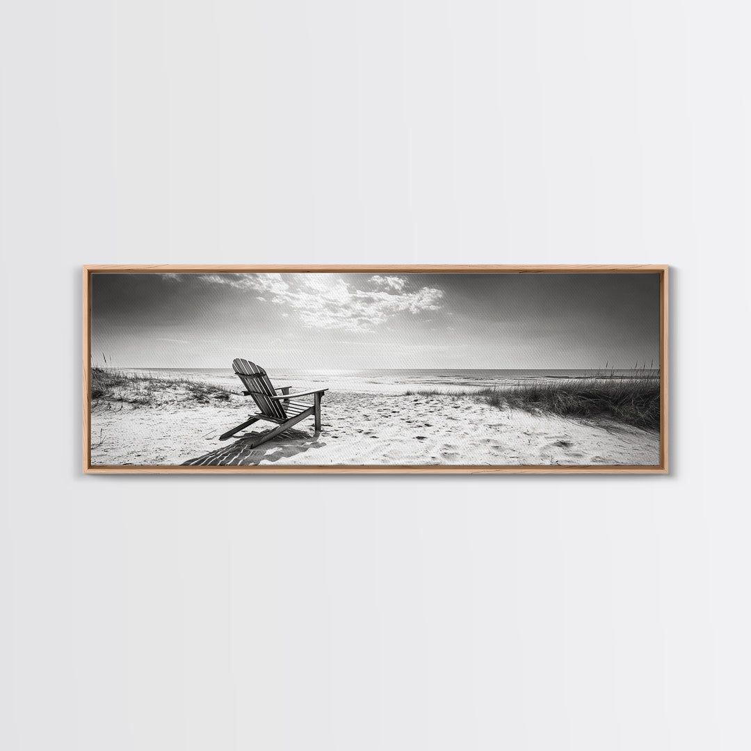 Coastal Chair, Black White, Seaside Decor, Beach Life, Framed Canvas Print, Coastal wall art, minimalist art, neutral tones, coastal room