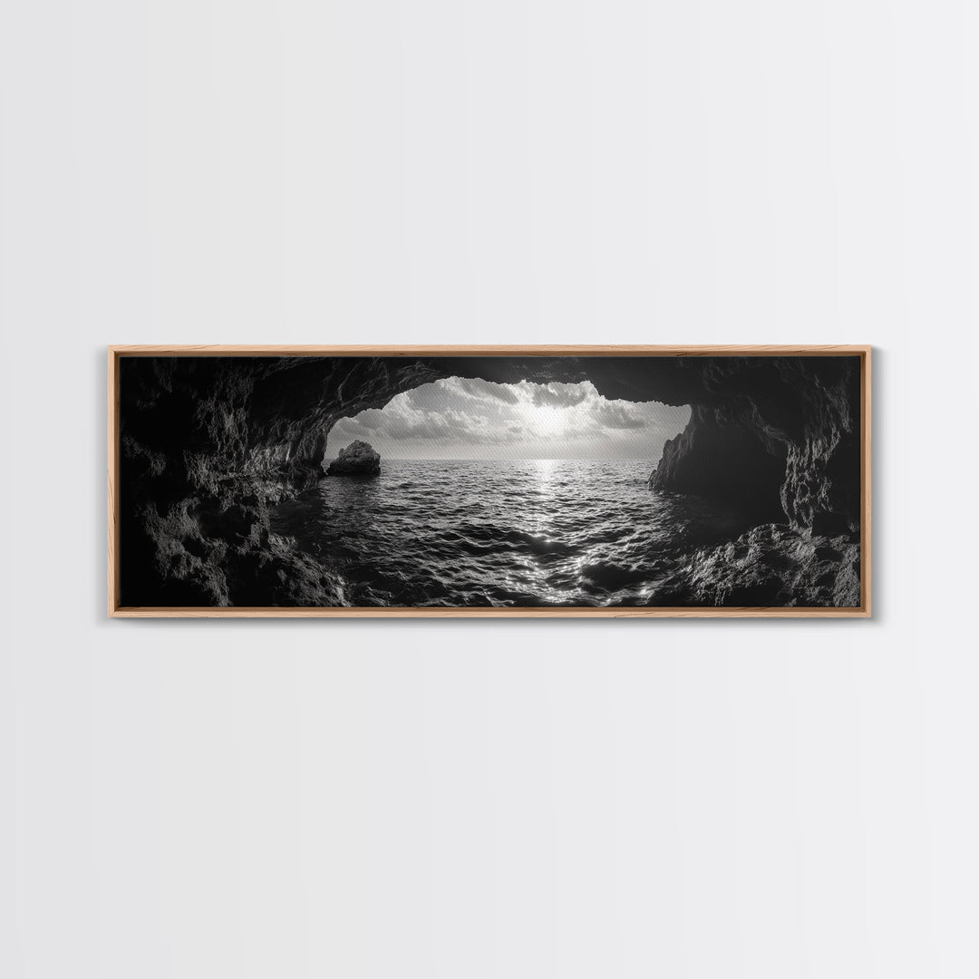 Ocean Cave, Horizon View, Seascape Tunnel, Sunset Waters, Framed Canvas Print, Coastal Bathroom Art, Nature Lover Gift, Minimal Decor
