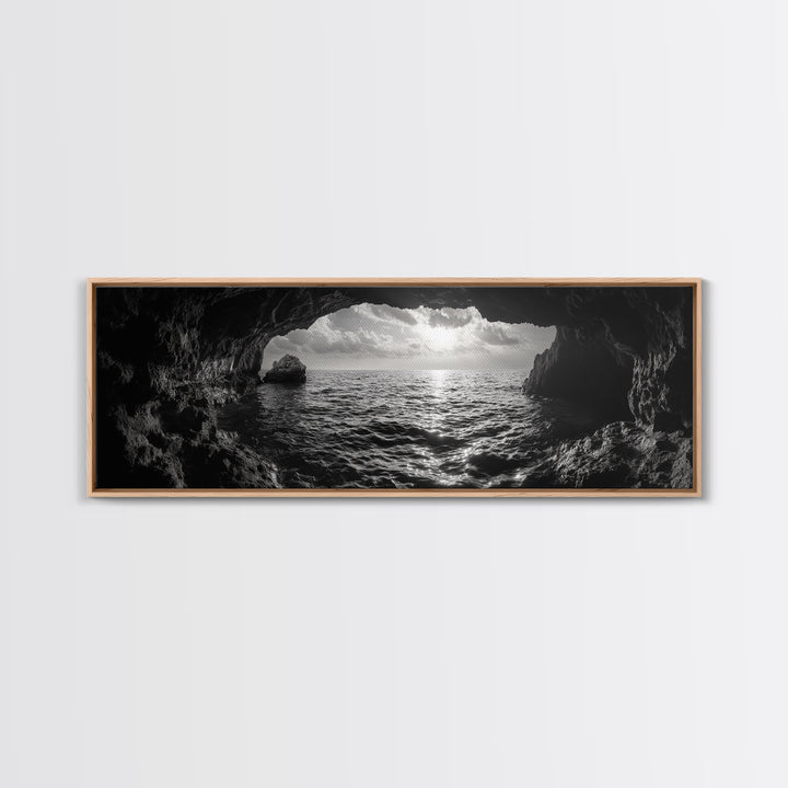 Ocean Cave, Horizon View, Seascape Tunnel, Sunset Waters, Framed Canvas Print, Coastal Bathroom Art, Nature Lover Gift, Minimal Decor