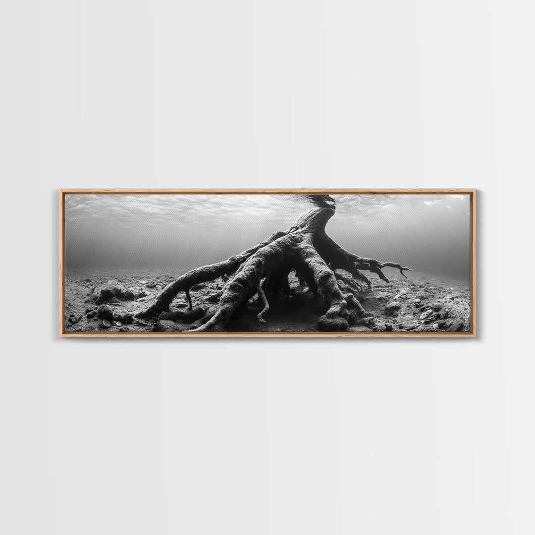 Ancient Roots, Submerged Tree, Nature Photography, Black and White, Canvas Print, Minimalist Underwater Art, Office Wall Art, Moody Decor