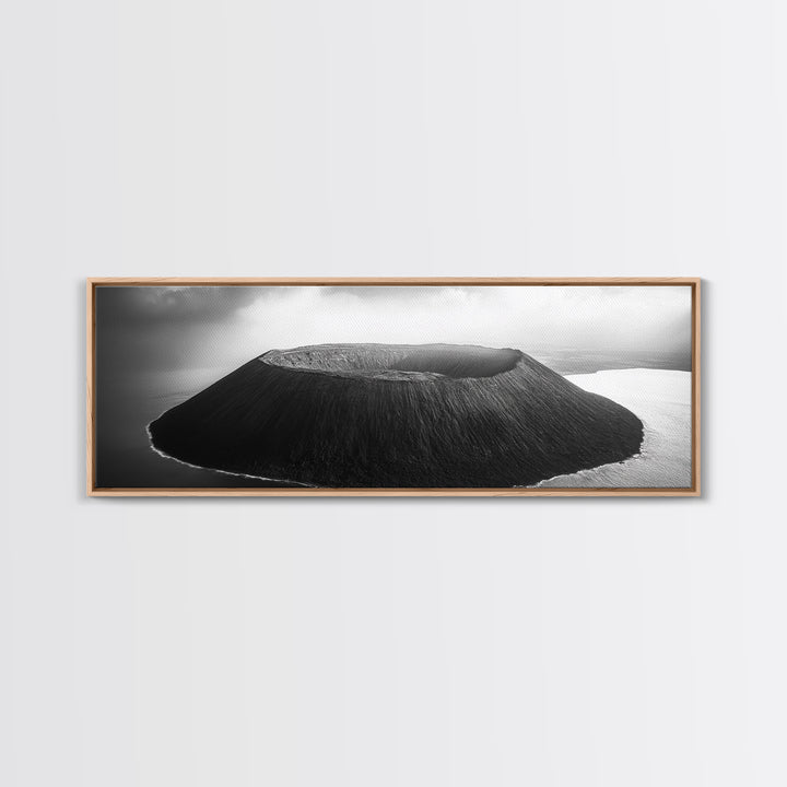 Island Volcano, Crater View, Aerial Landscape, Coastal Photography, Canvas Print, Nature Wall Decor, Bedroom Art, Monochrome Landscape