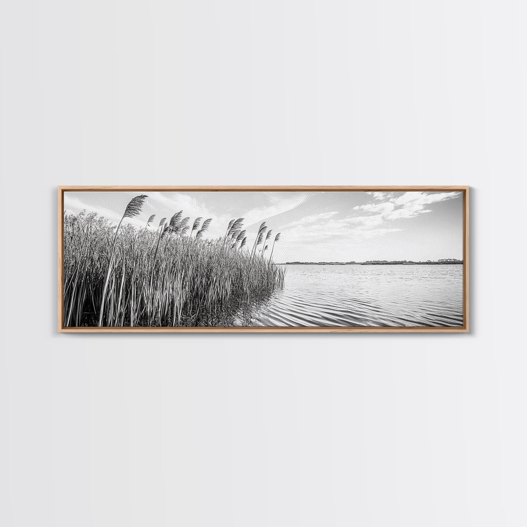 Windy Reeds, Lakeside Breeze, Natural Grass Art, Monochrome Landscape, Canvas Print, Boho Living Room Decor, Botanical Minimalist Wall Art