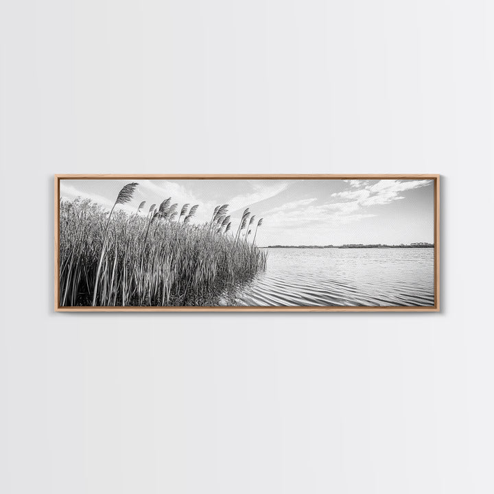 Windy Reeds, Lakeside Breeze, Natural Grass Art, Monochrome Landscape, Canvas Print, Boho Living Room Decor, Botanical Minimalist Wall Art