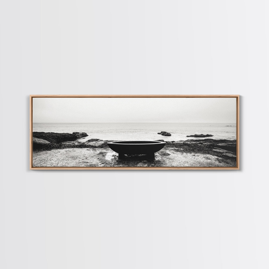 Coastal Boat, Ocean Horizon, Solitude Scene, Black and White Seascape, Canvas Print, Modern Bathroom Wall Art, Minimalist Decor