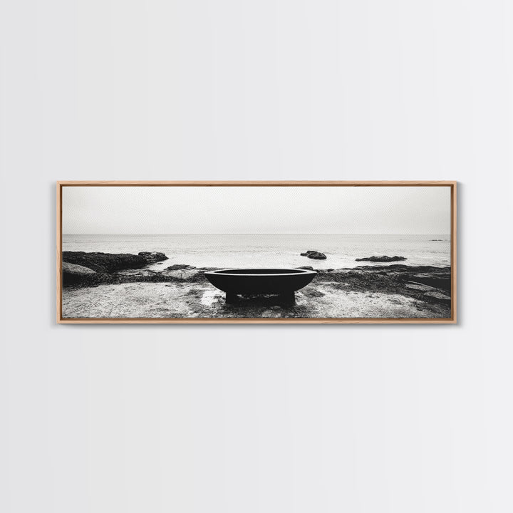 Coastal Boat, Ocean Horizon, Solitude Scene, Black and White Seascape, Canvas Print, Modern Bathroom Wall Art, Minimalist Decor