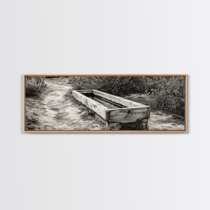Rustic Water Trough, Nature Trail, Western Desert Scene, Framed Canvas Print, Country Farmhouse Decor, Minimalist Entryway Wall Art