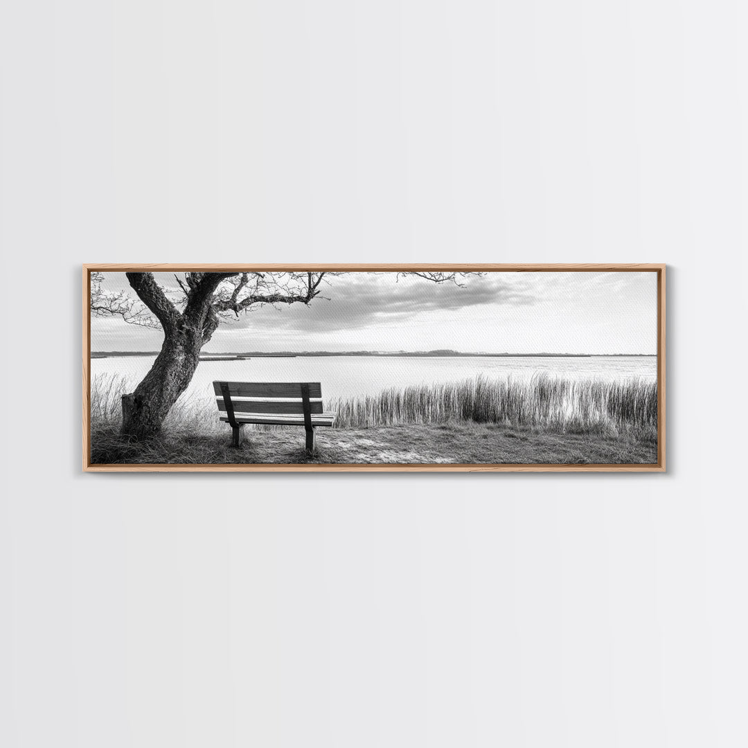 Quiet Lake Bench, Peaceful Reflection, Nature Photography, Framed Canvas Print, Serene Bedroom Decor, Minimalist Living Room Wall Art