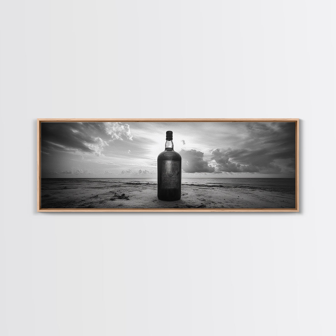 Whiskey on Beach, Bottle Seascape, Moody Coastal Still Life, Canvas Print, Masculine Bar Wall Art, Rustic Living Room Accent Piece