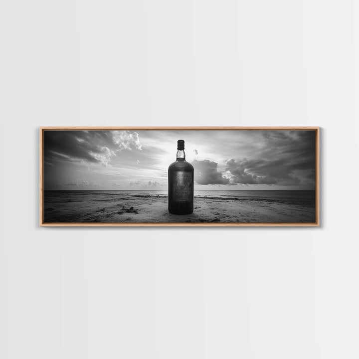 Whiskey on Beach, Bottle Seascape, Moody Coastal Still Life, Canvas Print, Masculine Bar Wall Art, Rustic Living Room Accent Piece