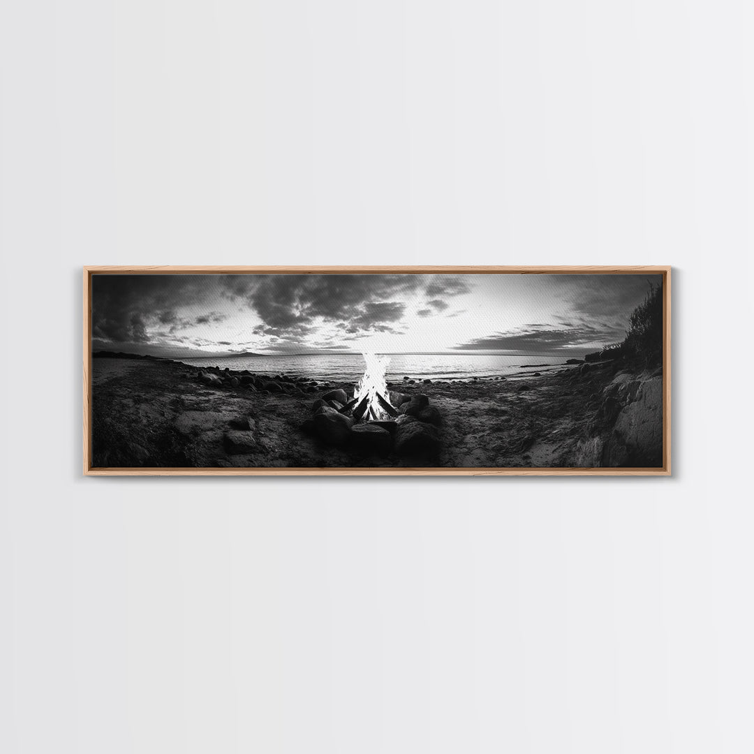 Seaside Fire, Coastal Camp, Black White, Night Shore, Framed Canvas Print, Fall decor, rustic outdoor art, cozy cabin wall art, man cave