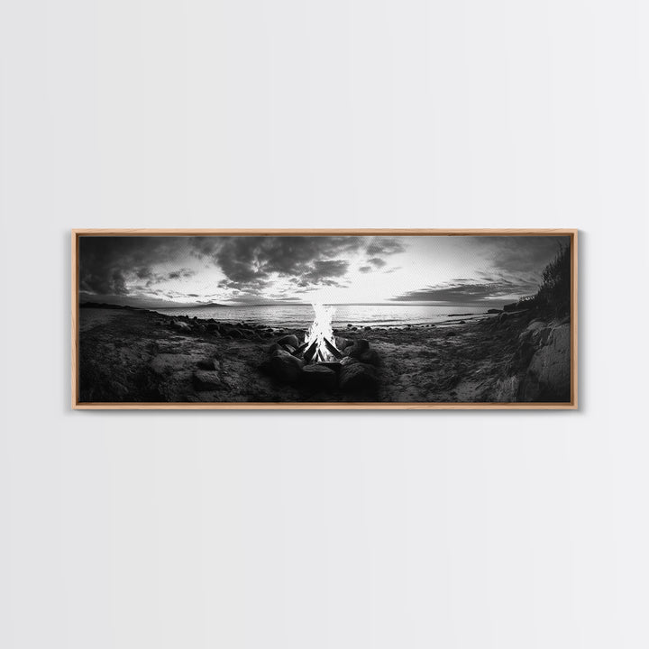 Seaside Fire, Coastal Camp, Black White, Night Shore, Framed Canvas Print, Fall decor, rustic outdoor art, cozy cabin wall art, man cave