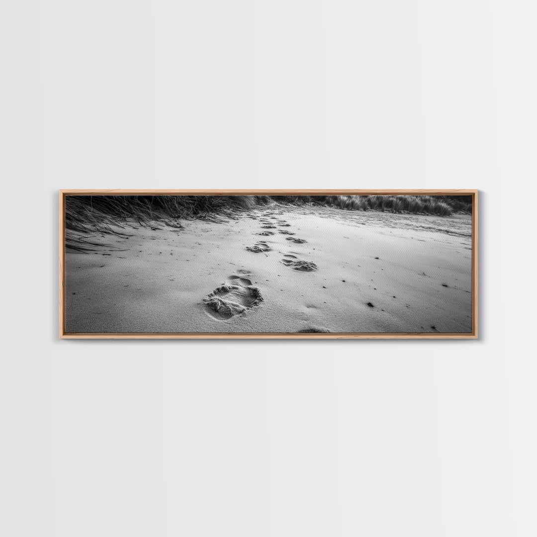 Beach Footprints, Sandy Path, Seaside Steps, Reflective Moment, Canvas Print, Minimalist Bathroom Wall Art, Tranquil Coastal Decor