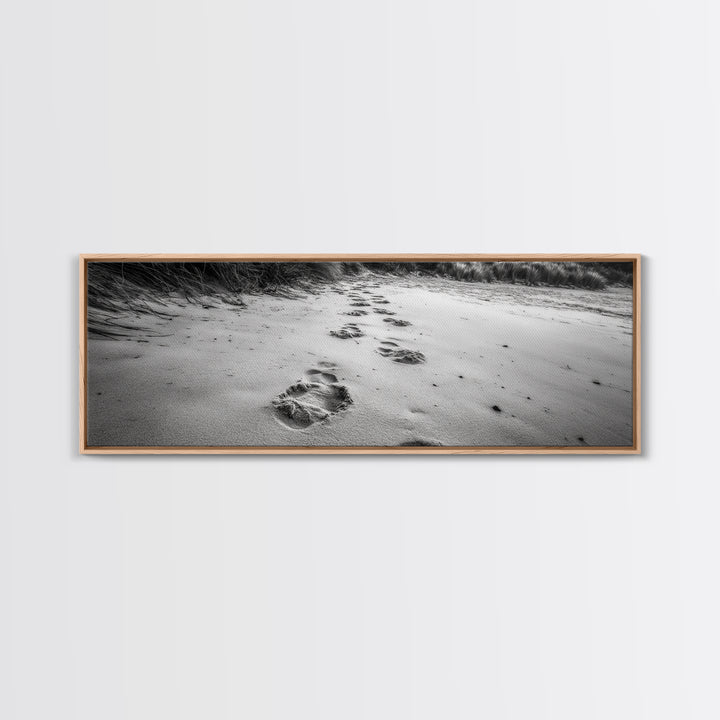 Beach Footprints, Sandy Path, Seaside Steps, Reflective Moment, Canvas Print, Minimalist Bathroom Wall Art, Tranquil Coastal Decor