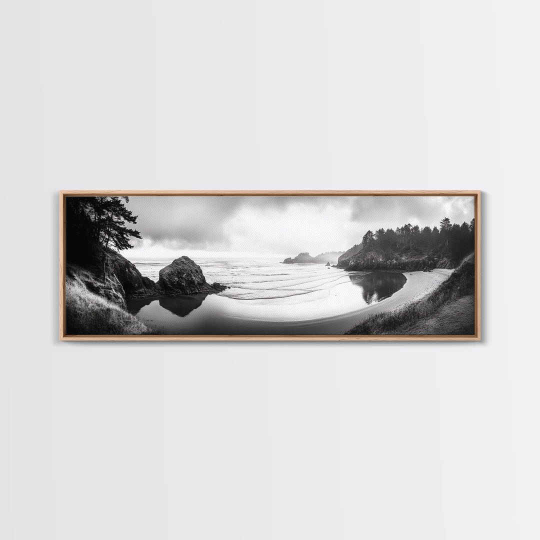 Forest Beach, Pacific Coast, Morning Mist, Tranquil Cove, Framed Canvas Print, Rustic Cabin Wall Art, Nature Landscape Photography