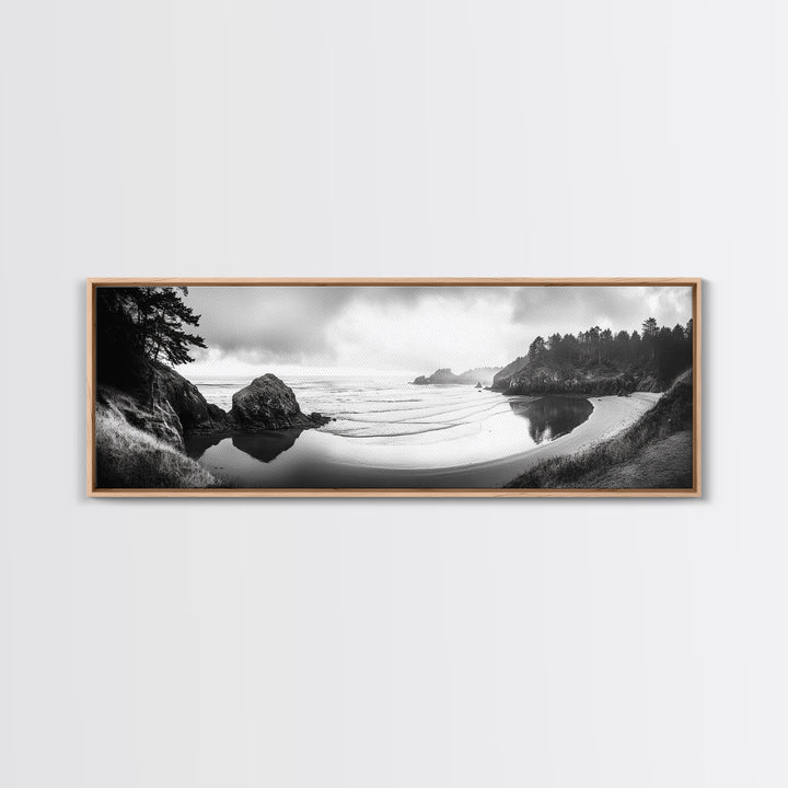 Forest Beach, Pacific Coast, Morning Mist, Tranquil Cove, Framed Canvas Print, Rustic Cabin Wall Art, Nature Landscape Photography