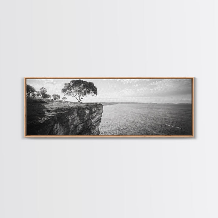 Coastal Cliff Tree, Ocean Horizon, Nature Photography, Framed Canvas Print, Minimalist Wall Art, Living Room Decor, Modern Landscape