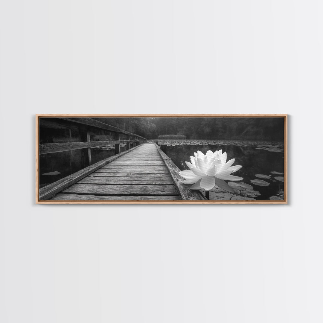 Water Lily, Peaceful Pond, Wooden Dock, Framed Canvas Print, Zen Wall Art, Meditation Room Decor, Black and White Nature Art