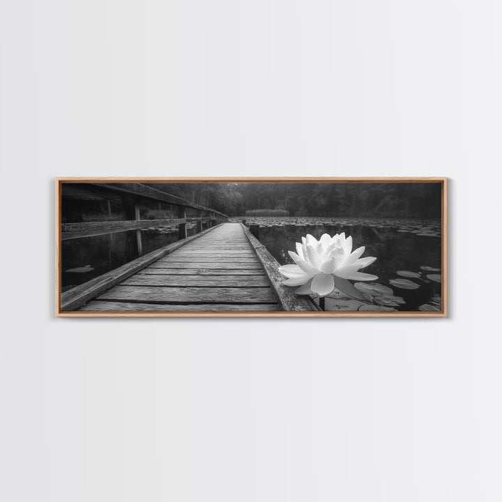 Water Lily, Peaceful Pond, Wooden Dock, Framed Canvas Print, Zen Wall Art, Meditation Room Decor, Black and White Nature Art