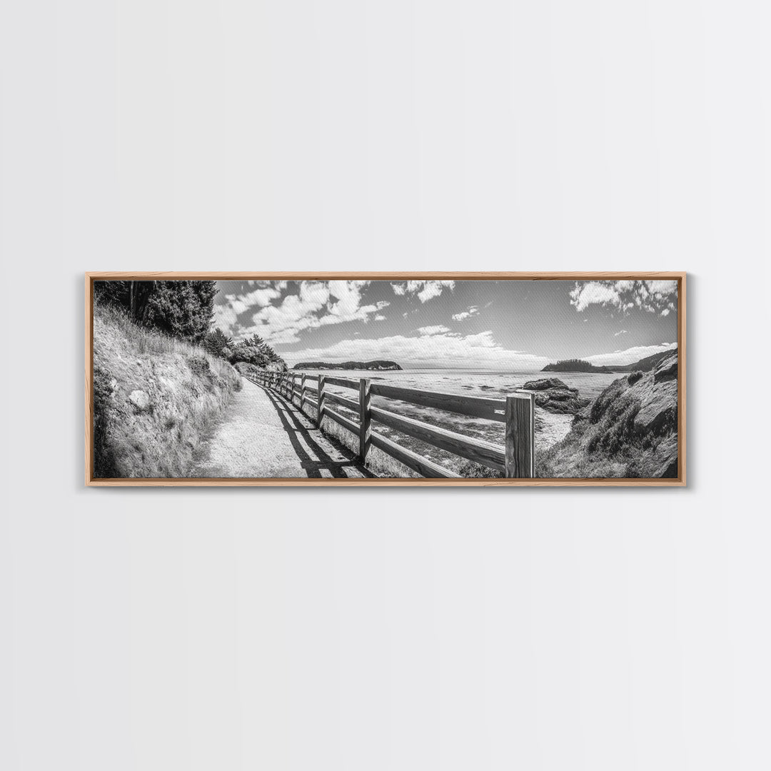 Coastal Fence Path, Island View, Ocean Trail, Framed Canvas Print, Bright Scenic Art, Living Room Decor, Seaside Landscape Vibe