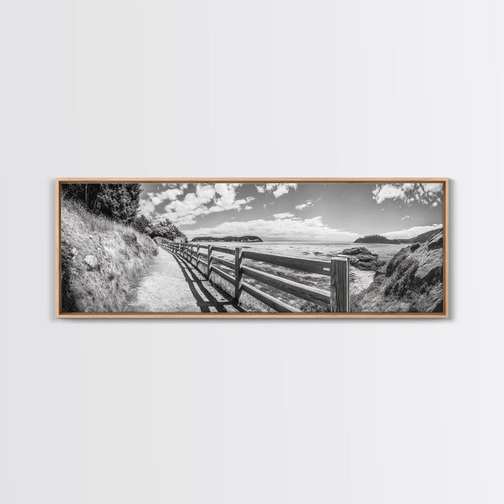 Coastal Fence Path, Island View, Ocean Trail, Framed Canvas Print, Bright Scenic Art, Living Room Decor, Seaside Landscape Vibe