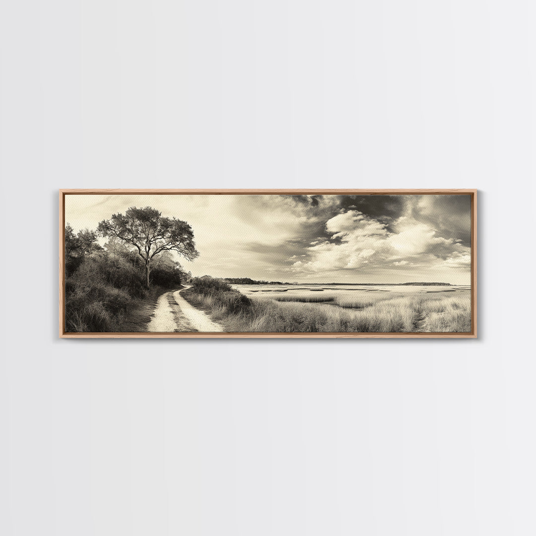 Country Road, Marshland Meadow, Lone Tree Landscape, Framed Canvas Print, Rustic Fall Wall Art, Entryway Decor, Neutral Nature Style