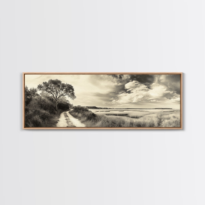 Country Road, Marshland Meadow, Lone Tree Landscape, Framed Canvas Print, Rustic Fall Wall Art, Entryway Decor, Neutral Nature Style
