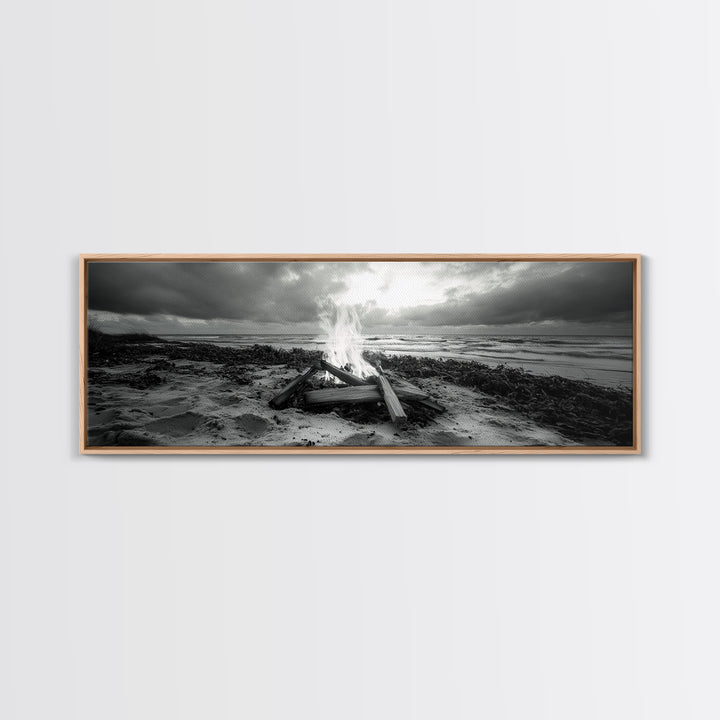 Driftwood Fire, Coastal Sky, Ocean Mood, Fall Campfire, Framed Canvas Print, rustic lake decor, bohemian fireplace art, nature wall accent