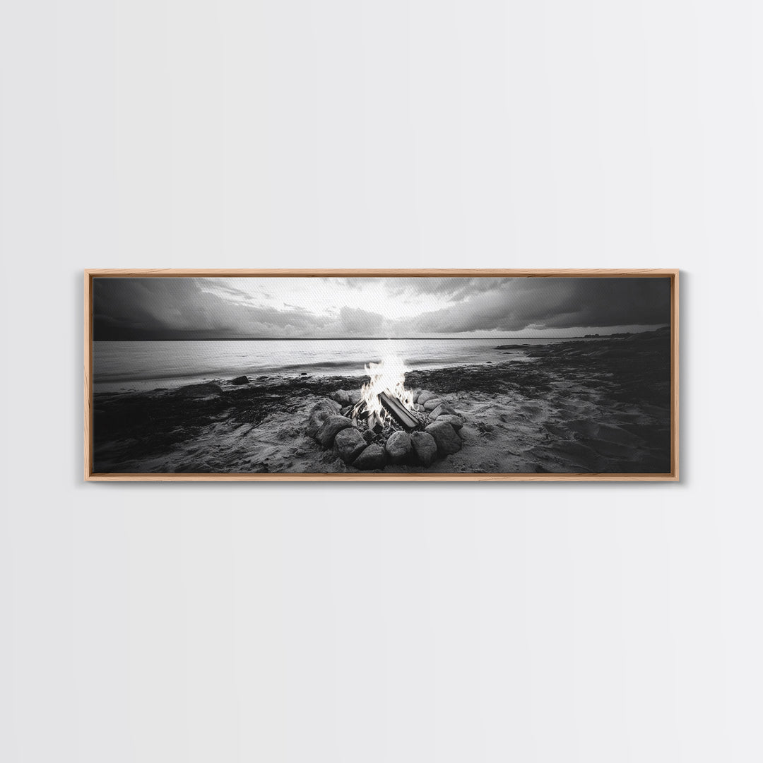 Campfire Circle, Shoreline Fire, Beach Rocks, Autumn Mood, Canvas Print, rustic Fall art, outdoor living decor, lakeside art, coastal art