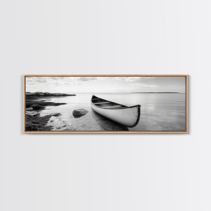 Canoe Shore, Coastal Calm, Nature Paddle, Tranquil Waters, Canvas Print, minimalist outdoor art, boho lake decor, living room wall piece