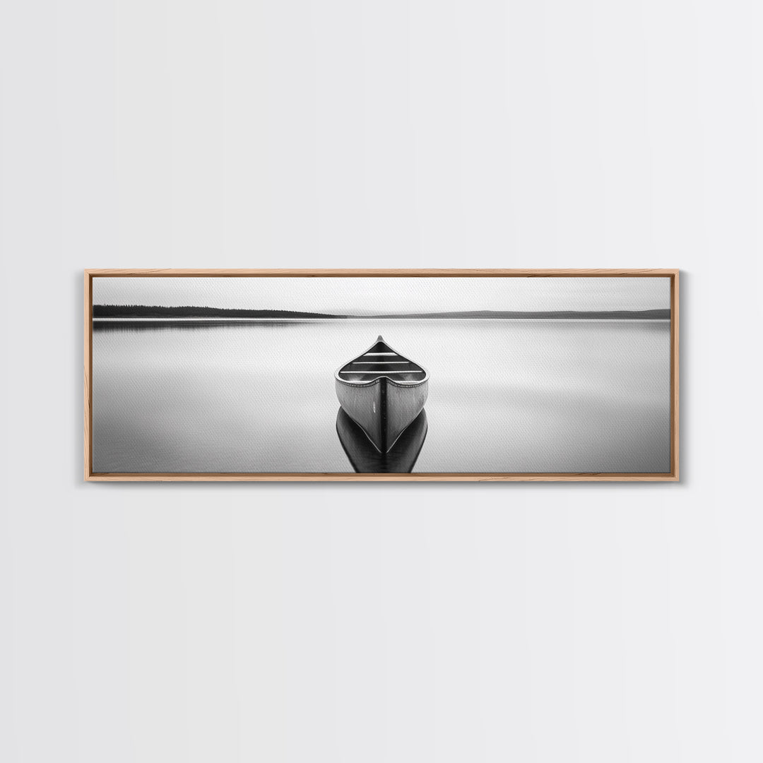 Still Canoe, Lake Mirror, Serene Water, Monochrome Boat, Framed Canvas Print, minimalist wall art, peaceful bedroom decor, boho lake style