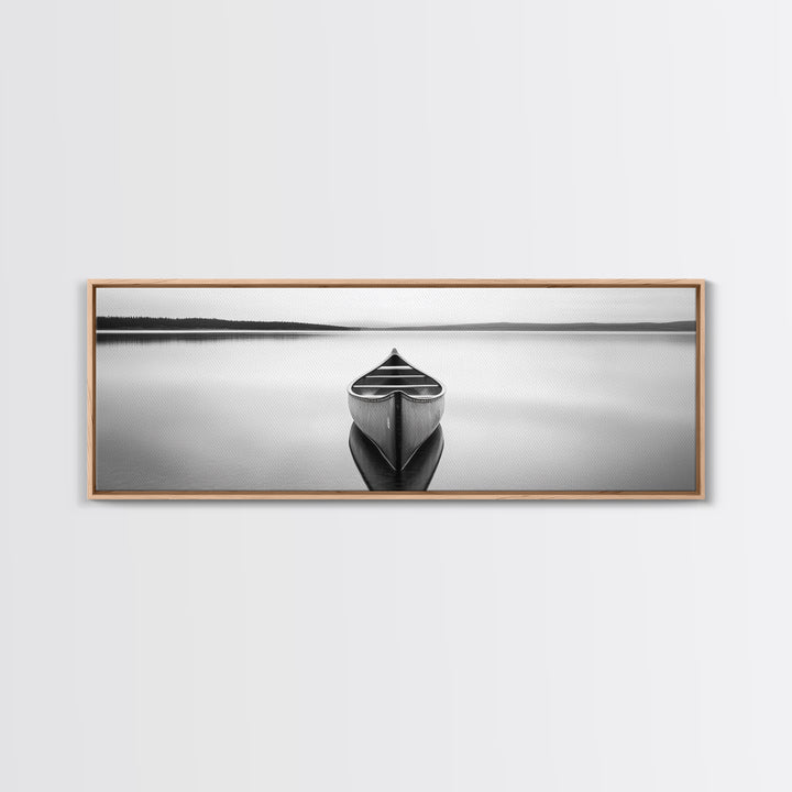Still Canoe, Lake Mirror, Serene Water, Monochrome Boat, Framed Canvas Print, minimalist wall art, peaceful bedroom decor, boho lake style