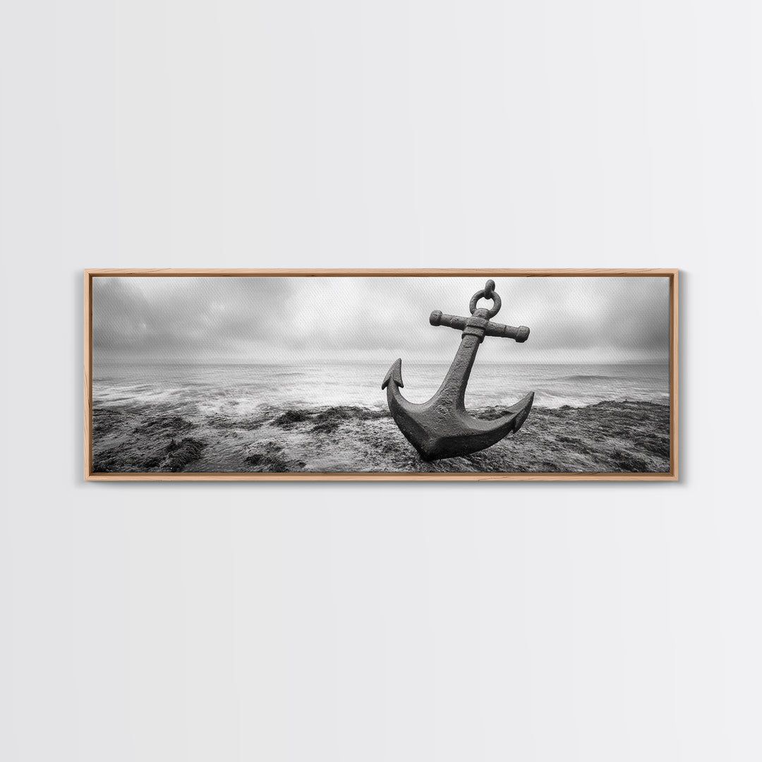 Anchor Shore, Ocean Symbol, Coastal Rust, Nautical Fog, Framed Canvas Print, Bathroom Decor, Marine Wall Art, Minimalist Nautical Style