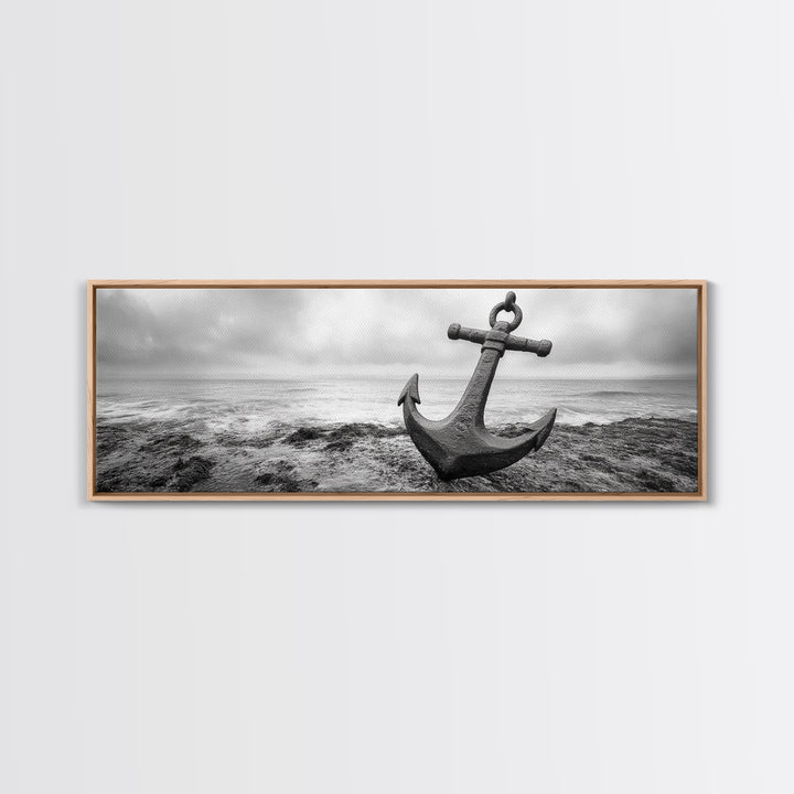 Anchor Shore, Ocean Symbol, Coastal Rust, Nautical Fog, Framed Canvas Print, Bathroom Decor, Marine Wall Art, Minimalist Nautical Style