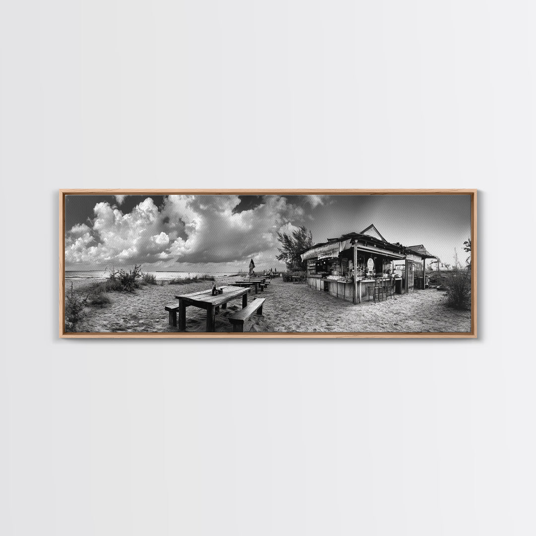 Beachside Bar Scene, Rustic Cafe, Ocean Picnic, Cloudy Sky, Framed Canvas Print, Coastal Kitchen Wall Art, Boho Bar Decor