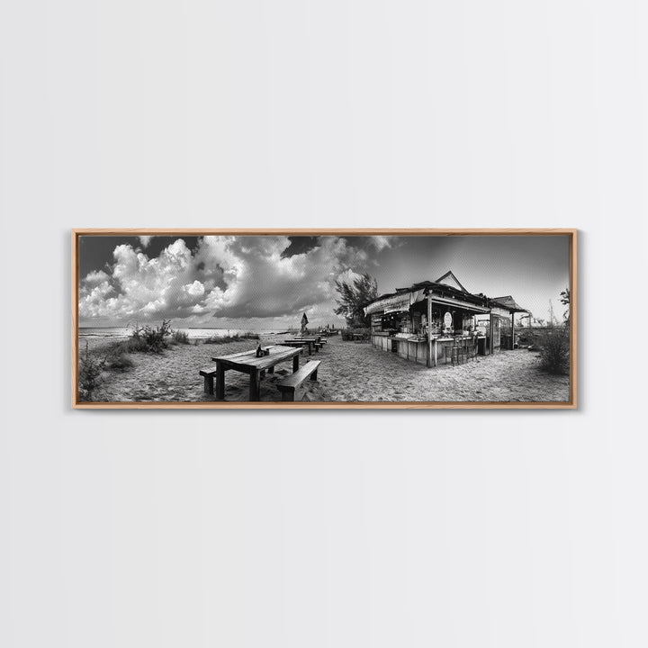 Beachside Bar Scene, Rustic Cafe, Ocean Picnic, Cloudy Sky, Framed Canvas Print, Coastal Kitchen Wall Art, Boho Bar Decor