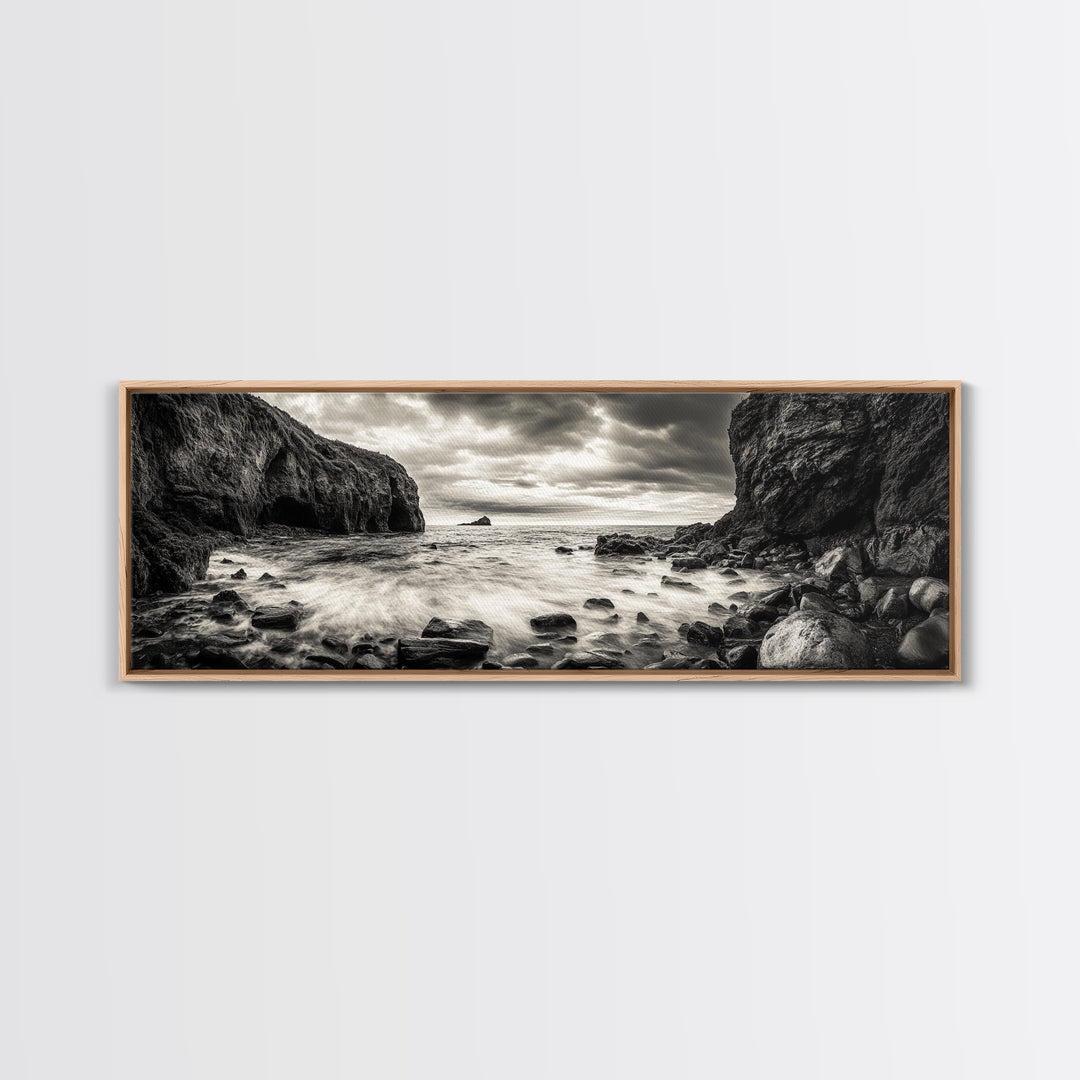 Rocky Shore Escape, Ocean Cliffside, Wild Coast, Moody Sky, Framed Canvas Print, Modern Bathroom Art, Nature Lover Decor