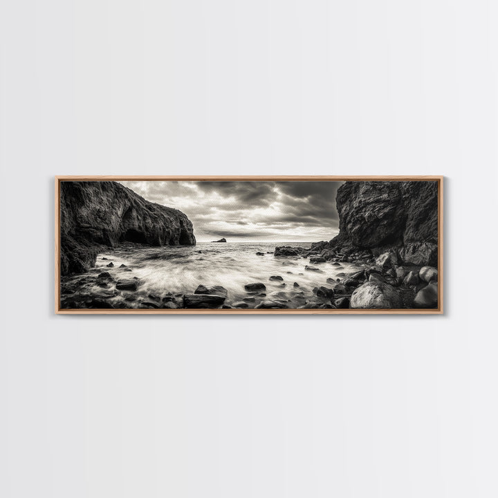Rocky Shore Escape, Ocean Cliffside, Wild Coast, Moody Sky, Framed Canvas Print, Modern Bathroom Art, Nature Lover Decor