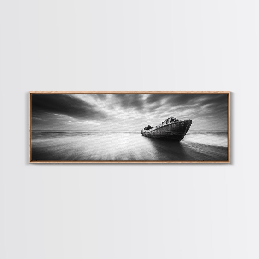Abandoned Shipwreck, Ocean Ghost Boat, Moody Horizon, Dramatic Sky, Framed Canvas Print, Dark Nautical Art, Hallway Statement Piece
