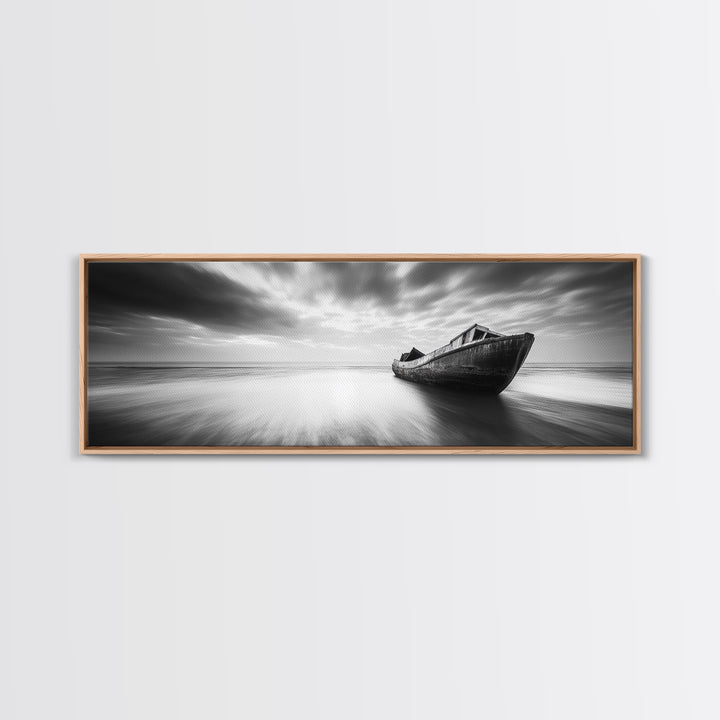 Abandoned Shipwreck, Ocean Ghost Boat, Moody Horizon, Dramatic Sky, Framed Canvas Print, Dark Nautical Art, Hallway Statement Piece