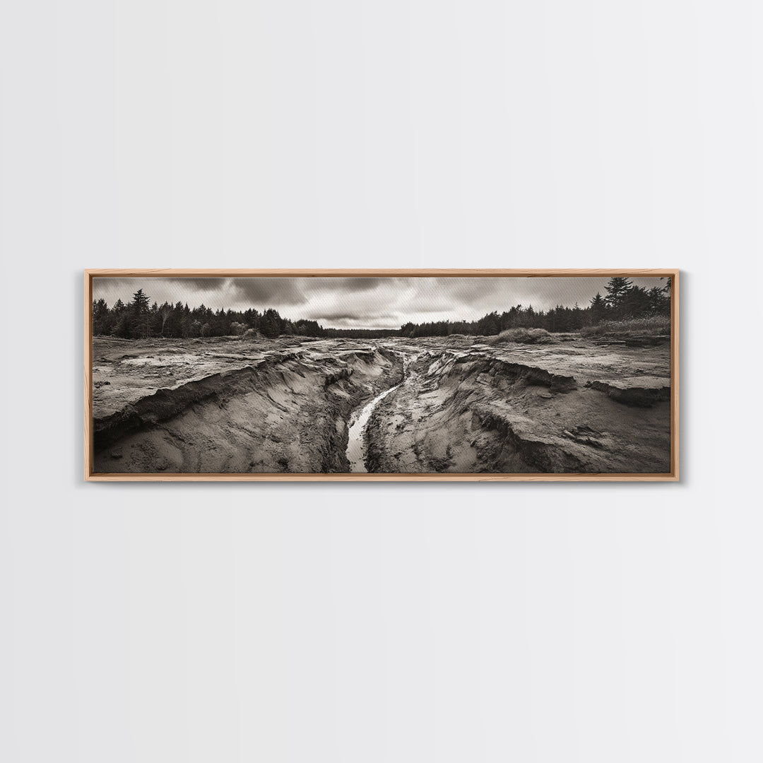 Rugged Riverbed Path, Forest Edge, Moody Terrain, Earthy Scene, Framed Canvas Print, Rustic Cabin Art, Autumn Entryway Decor