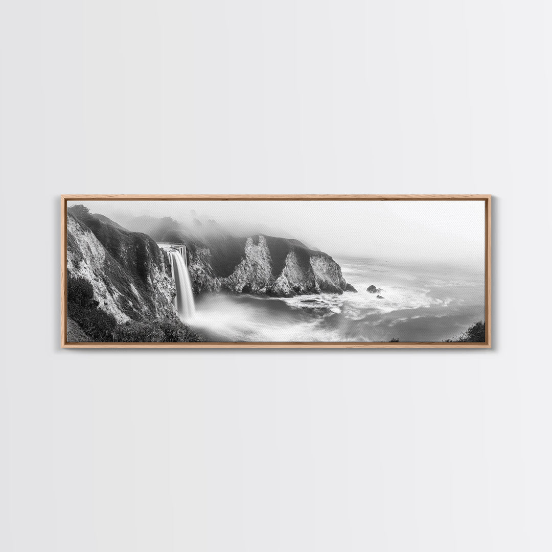 Cliffside Waterfall Coast, Misty Ocean Falls, Dramatic Drop, Nature Power, Framed Canvas Print, Scenic Landscape Wall Art, Spa Bathroom Decor