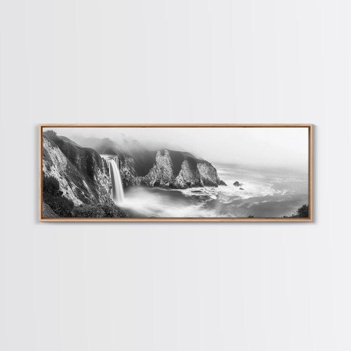 Cliffside Waterfall Coast, Misty Ocean Falls, Dramatic Drop, Nature Power, Framed Canvas Print, Scenic Landscape Wall Art, Spa Bathroom Decor