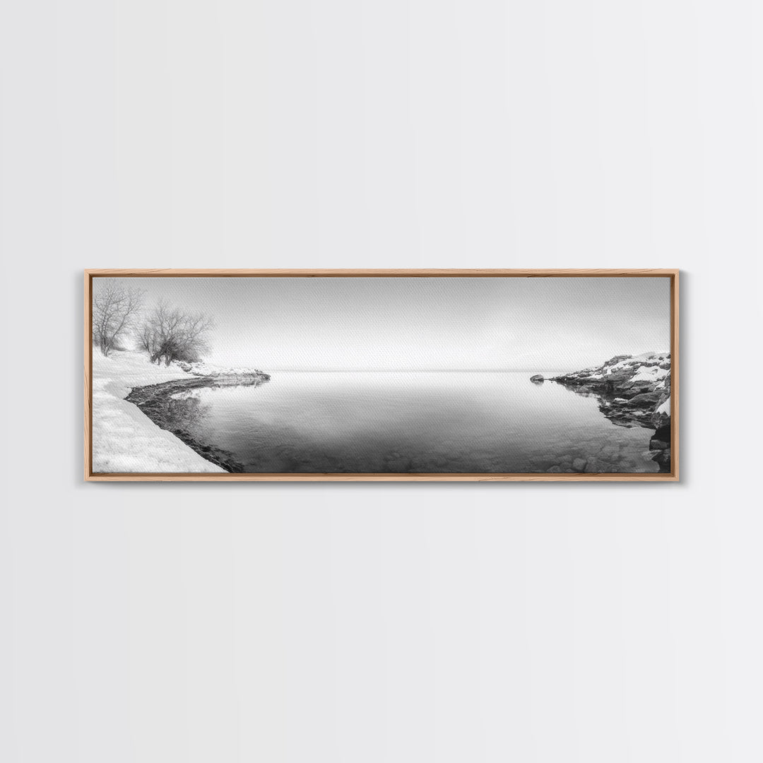 Winter Lake Reflection, Minimal Snow Scene, Bare Trees, Serene Water, Framed Canvas Print, Nordic Minimalist Art, Bedroom Wall Decor