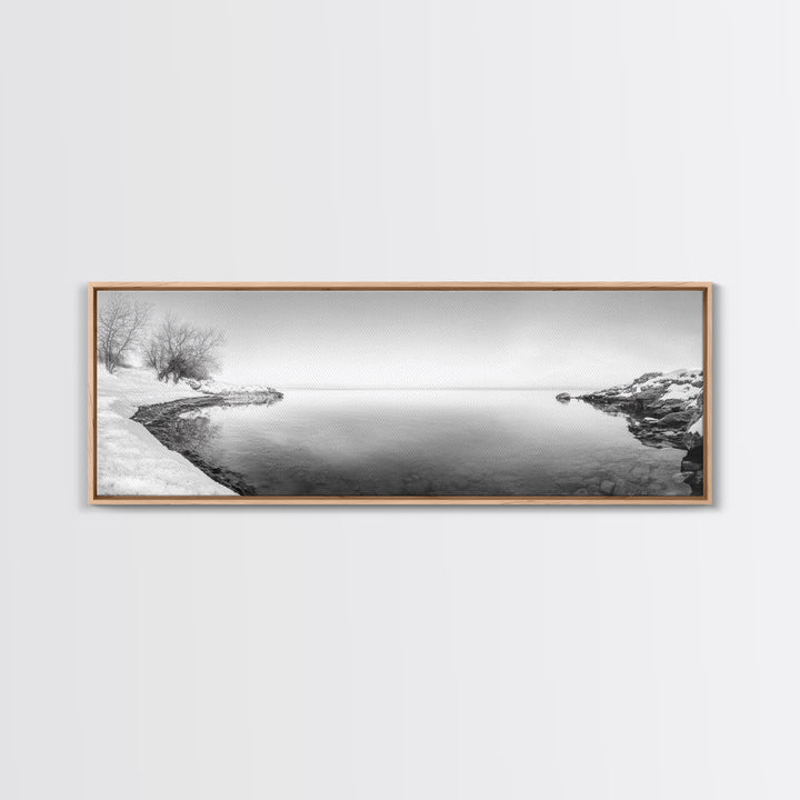 Winter Lake Reflection, Minimal Snow Scene, Bare Trees, Serene Water, Framed Canvas Print, Nordic Minimalist Art, Bedroom Wall Decor