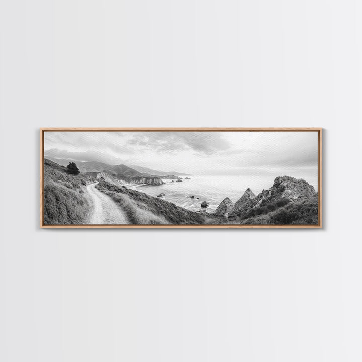 Coastal Trail View, Mountain Seascape, Minimalist Beach Path, Framed Canvas Print, Serene Landscape, Living Room Wall Art, Nature Decor