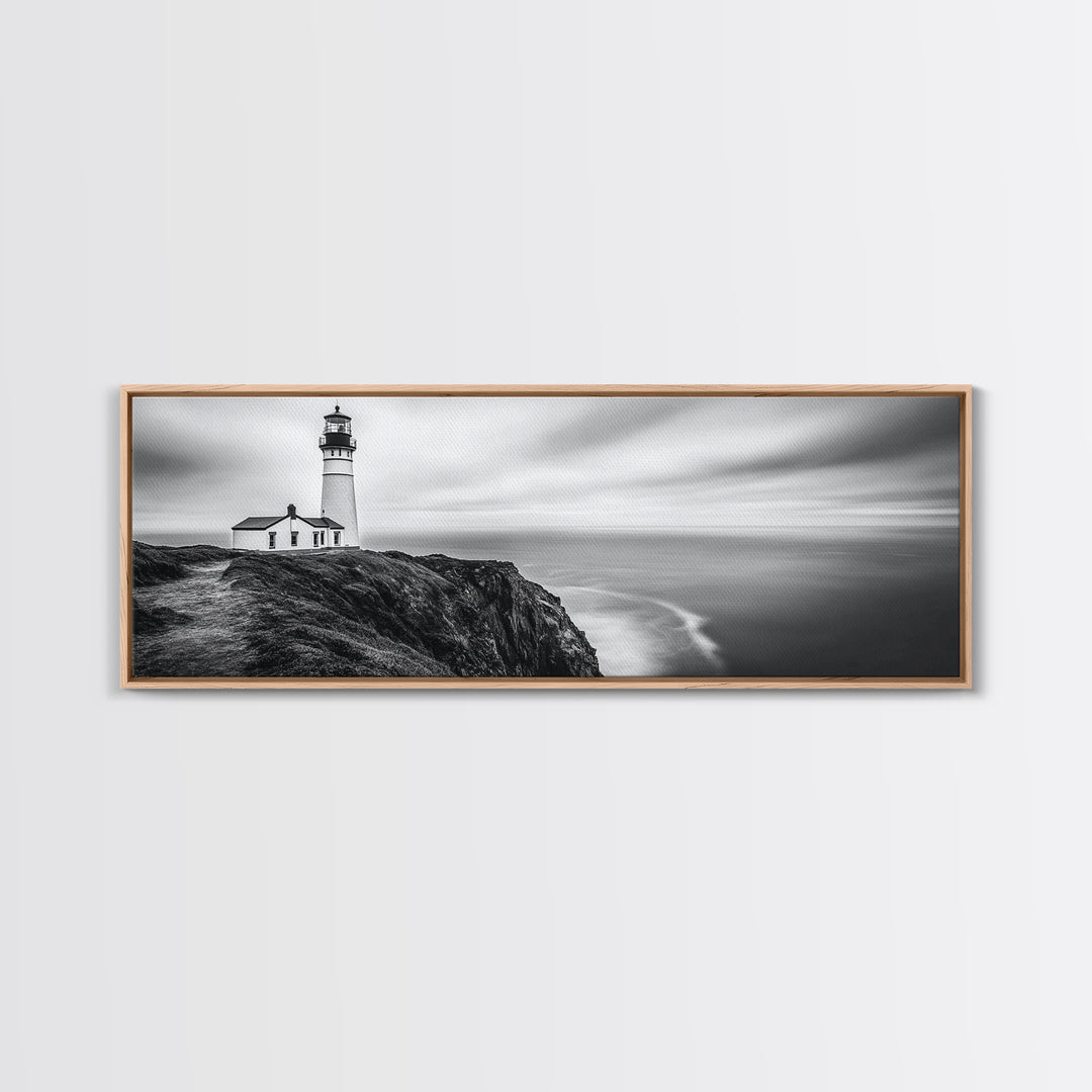 Lighthouse Serenity, Coastal Fog, Ocean Horizon, Canvas Print, Black and White Decor, Office Wall Art, Nautical Theme, Moody Photography