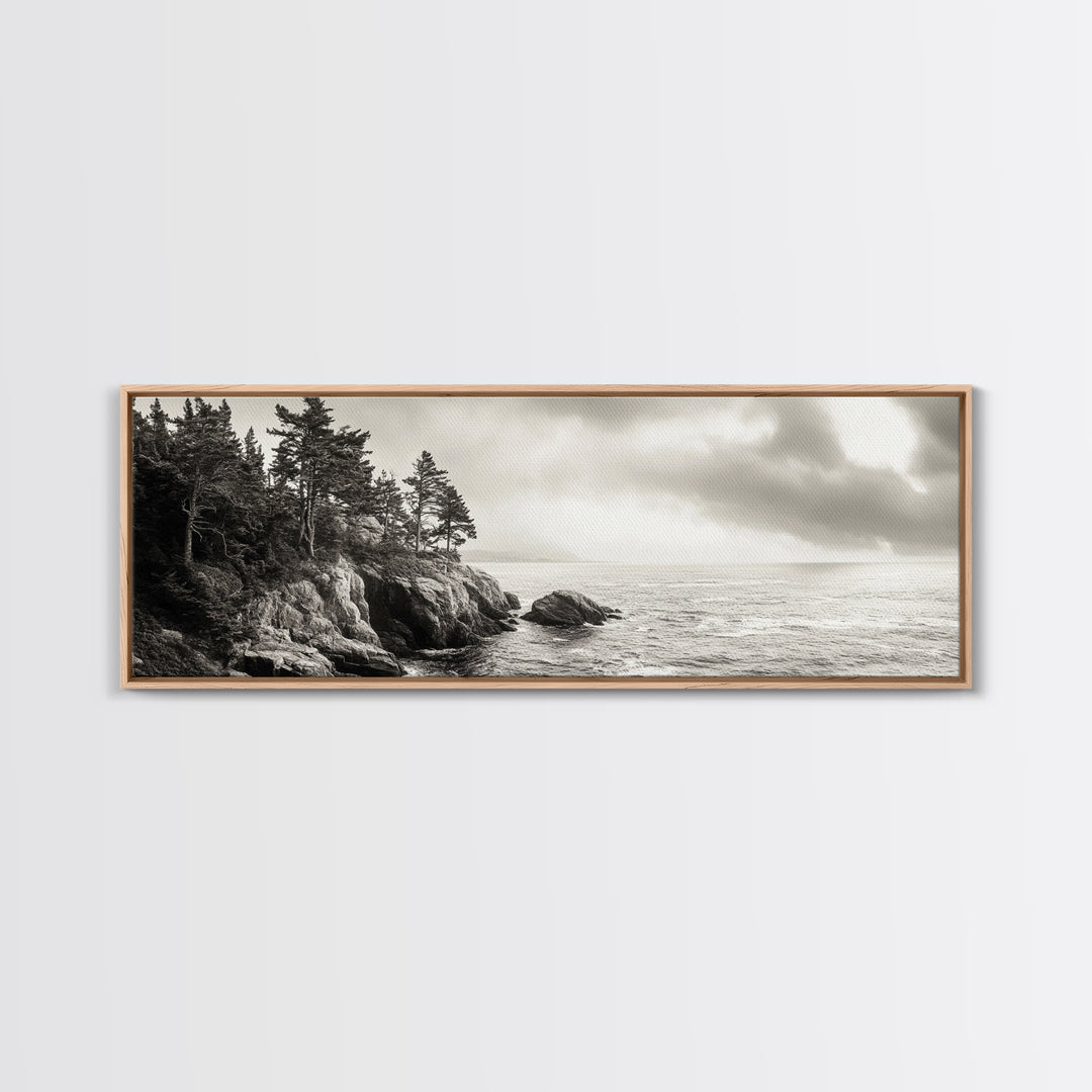 Windy Pines, Rocky Shoreline, Ocean Wilderness, Canvas Print, Vintage Nature Photography, Hallway Wall Art, Outdoor Adventure Vibe